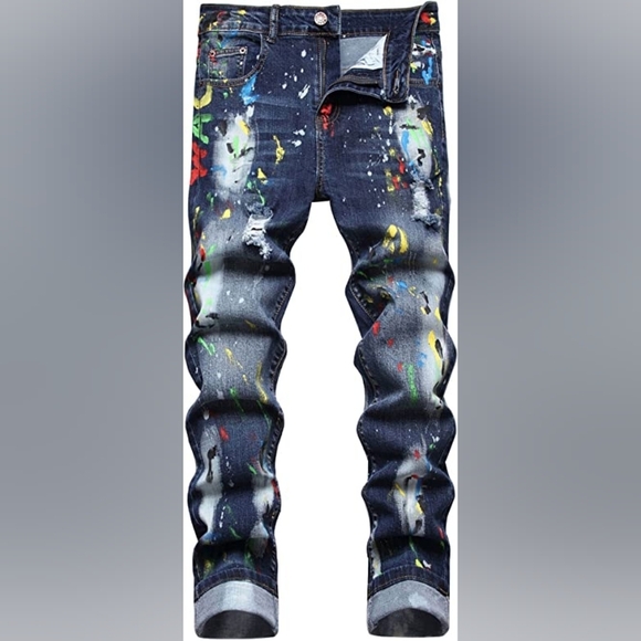 New Mens Painted Designer Slim Fit Jeans Multiple Sizes - Picture 1 of 3